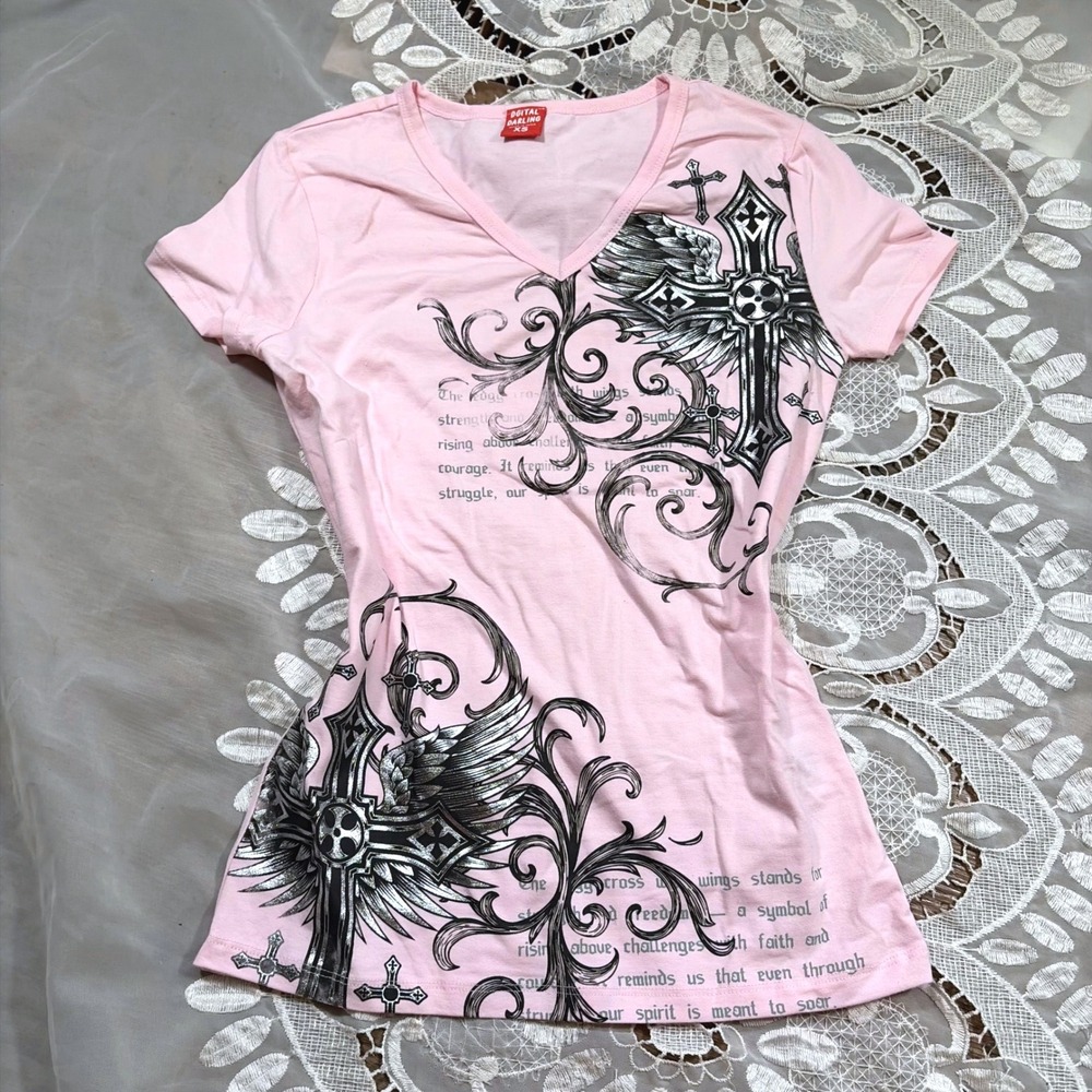 Grunge Pink Y2K Winged Cross Foil Graphic V-Neck Tee XS